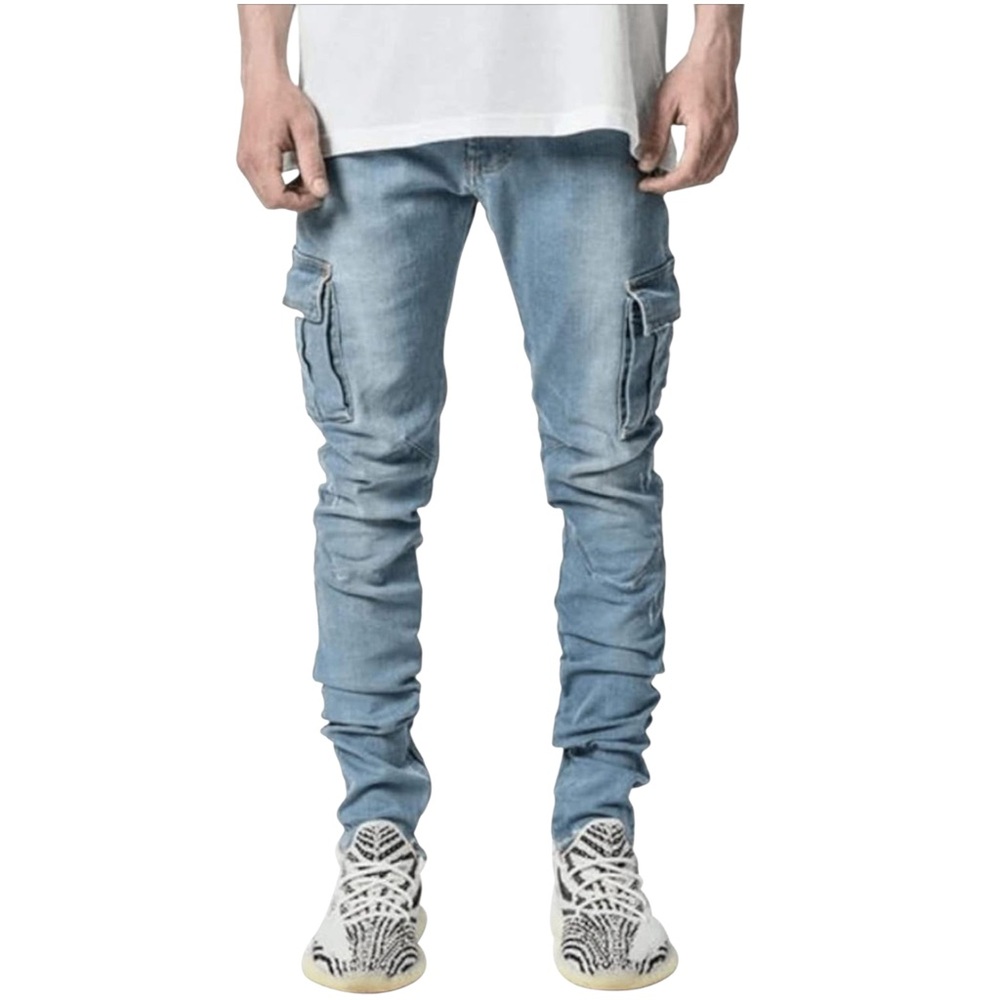 Hungson Men’s 36 Light Blue Cargo Stretch Jeans 7 Pocket NWOT